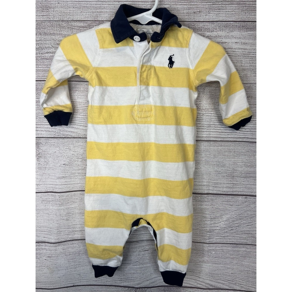 Ralph Lauren 2 Rompers Lot Yellow White Collared And Orange and Navy Long Sleeve - Picture 2 of 14